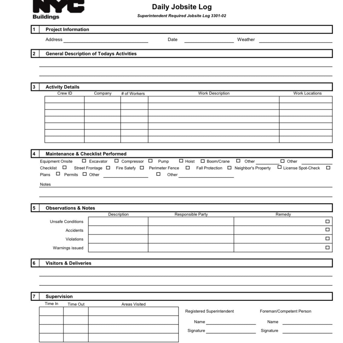 Go Build’s Daily Job Site Log Book (30 pages) helps you document project info, crew details, maintenance, and supervision signatures. Includes checkboxes and fields for daily records—ideal for professional NYC Buildings jobsite logs.